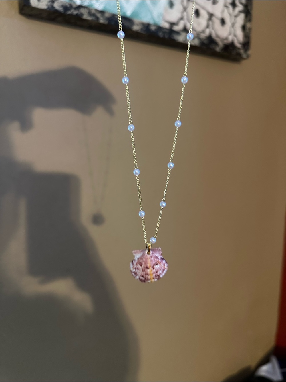 Hand Crafted Gold Chain Necklace with Pink Shell and Pearl Beads